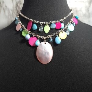 Women's Necklace Pink & Blue Acrylic Beads & Mother Pearls Silver Tone 10 Inches